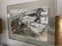 Framed watercolor painting of four geese with matte and gold trim frame.