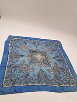Full view of the scarf laid flat showing overall blue paisley design with solid border.