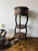 Front view of the wooden plant stand showing three tiers and dog in frame