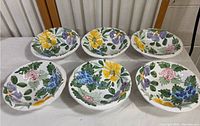Set of 6 Fortebraccio bowls with floral hand-painted decoration, arranged on white surface to display full set.