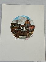 Full view of the signed etching print mounted on matte paper.