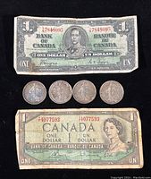 Photo of two Canadian one dollar bills and four French 5 francs coins laid out flat on a surface