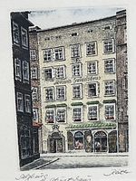 Close-up photo of the colored etching showing Mozart's birthplace with artist signature