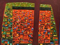 Close-up of the abstract painting showing textured brush strokes and colorful geometric shapes in orange, green, and brown tones.