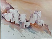 Close-up of the lithograph print showing adobe dwellings and ladders in soft earth tone colors.