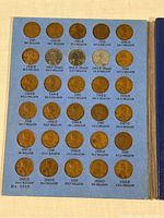Photo of the first page of the Whitman folder showing Lincoln pennies dated 1941 to 1950, including steel pennies from 1943 and their mintage counts.