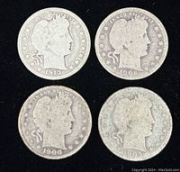 Obverse view of four Barber Silver Quarters shows the Liberty head design and dates: 1913 (no mint mark), 1906-O, 1900-O, 1905-S.