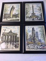 Photo showing all 4 framed lithographs together depicting Berlin monuments, artist signed as E. Kinchskeiu