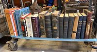 Full side view of 13 hardcover books on a blue metal cart showing varied titles and bindings including Robinson Crusoe and Freemason books