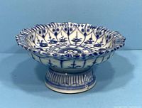 Side view showing scalloped edge and floral pattern with raised pedestal base.