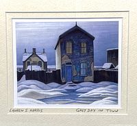Close-up of the lithograph showing a winter scene with houses and snow, signed Lawren S. Harris with title "Grey Day in Town".