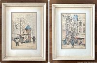 Pair of two framed lithographs by Jan Korthals showing Paris street scenes with signatures visible.