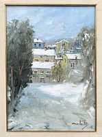 Front view of the oil painting depicting a snowy Italian village landscape with houses and trees, signed 'Natale' in the lower right corner.