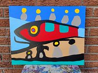 Frontal image showing entire painting on stretched canvas against brick backdrop.