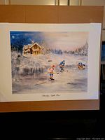 Full image of the Saturday Night Hero lithograph showing the winter pond hockey scene with players and house in the background.