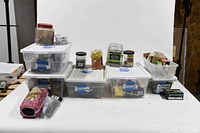 Overview of multiple plastic bins containing different hardware items including electrical and plumbing parts