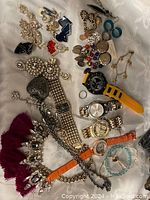 Overview of the group lot including watches, bracelets, necklaces, earrings, rings, and a feathered collar piece