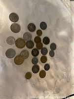 Overhead photo showing all coins laid out on white fabric with various sizes and metal tones visible.