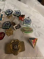 Vintage Canadian collectible pins including Vancouver Canucks, BC Lions, R.C.M.P., Alouettes, private detective badge, and other assorted pins arranged on a white cloth.