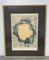 Full view of framed and matted etching print with embossment showing overall condition and size.