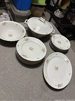 Photo showing full set of plates, serving bowl with lid and shallow bowls, all with floral patterns on white ceramic.