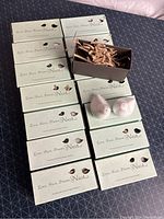 Top view of ten boxed ceramic bird salt and pepper shaker sets. One box is open showing shredded brown packing material inside.