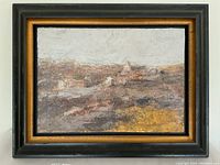 Full view of the framed abstract Italian landscape oil painting with muted earth tones and visible texture.