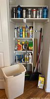 Full view of cleaning supplies, tools, and trash can arranged on shelves and floor in a closet.