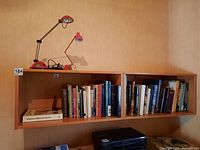 Two shelves filled with assorted hardcover and softcover books on art and history, with two red-colored adjustable table lamps on the top shelf.
