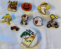 All nine pins displayed on white cloth background showing colorful vintage cartoon and novelty designs