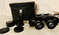 Binoculars, carrying case with snap, shoulder strap, and four lens covers arranged on a white background showing front angle of binoculars.