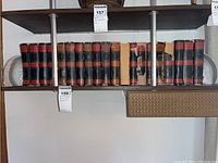 Shelf view showing 20 vintage Charles Dickens books in worn condition with other items on shelf
