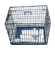 Black metal wire crate with plastic base and top handle, viewed from above.