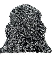 Photo of black sheepskin rug showing thick and fluffy texture with dark grey and black fiber color variation