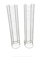 Pair of steel wire CD storage towers in vertical cylindrical design shown from front on white background.