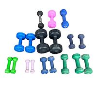 Top view of all 18 dumbbells arranged on white background showing various colors and sizes