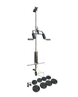 Full view of wall-mounted fitness equipment unit with 8 rubber bumper weight plates and 2 metal collars on the floor below.