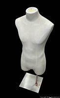 Full view of white male torso mannequin on metal base.