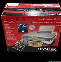 Front view of the original Lexmark P6250 printer box showing model, features, and sample photo prints.