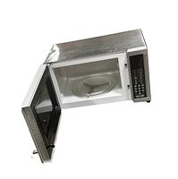 Interior view of the microwave with the door open showing glass turntable plate
