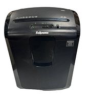 Front view of Fellowes Powershred 49C black shredder showing paper slot, control buttons, and pull-out bin.