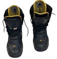 Front view of black men's Terra safety boots with yellow lining, showing toe caps and laces.