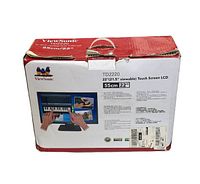 View of front of ViewSonic TD2220 monitor box showing product image, monitor size (22" / 21.5" viewable), and touch screen feature.