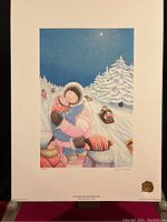 Print showing winter scene of mother and child with sledding children and snowy trees.
