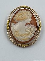 Front view of oval shell cameo brooch set in yellow gold frame showing relief carving of woman's profile and floral motifs