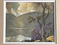 Frontal view of painting in white-painted wood frame against wall