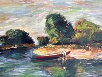 Close-up of central painting area showing trees, water and red canoe with figure