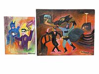 Pair of two colorful Batman-themed acrylic paintings on canvas by Pat Boardman, signed lower right, featuring the Joker and Batman characters in vibrant abstract styles.