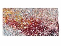 Front view of the painting showing abstract acrylic brushstrokes with layered reds, whites, oranges, blues, and yellows in a horizontal rectangular format.