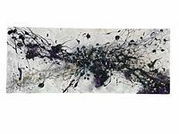Front view of abstract acrylic painting on canvas showing detailed brush and splatter work in black, purple, and grey hues.